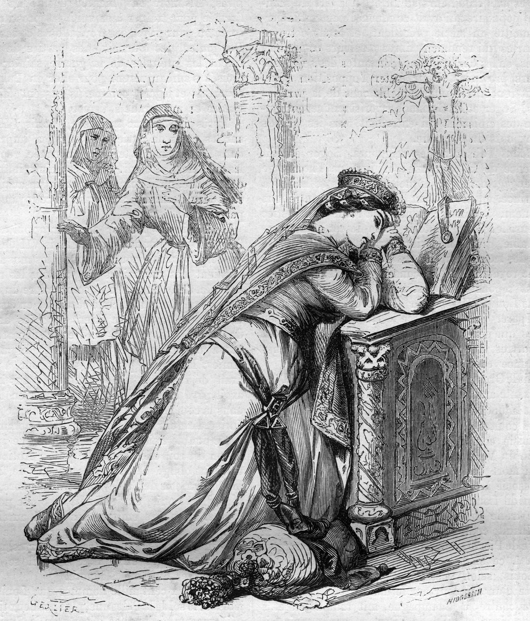 フランスの女王アグネス・ド・メラニー（1172-1201）は、フィリップ・アウグスト王によって修道院に送られた。モーリス・ラシャトレ著「ローマ教皇の歴史（...）世紀を超えた王妃と皇帝の犯罪」に掲載された図版 作： フランス語学校