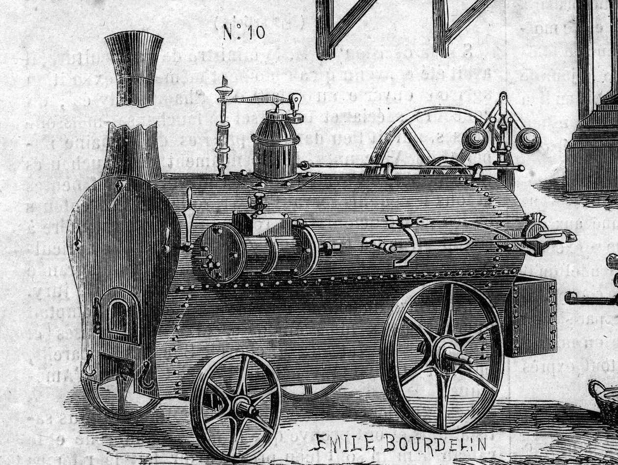 農業機械：1860年のパリ農業競技会で発表されたロコモービル。1860年7月7日付の "Le Monde Illustré "169号に掲載された図版。 作： フランス語学校