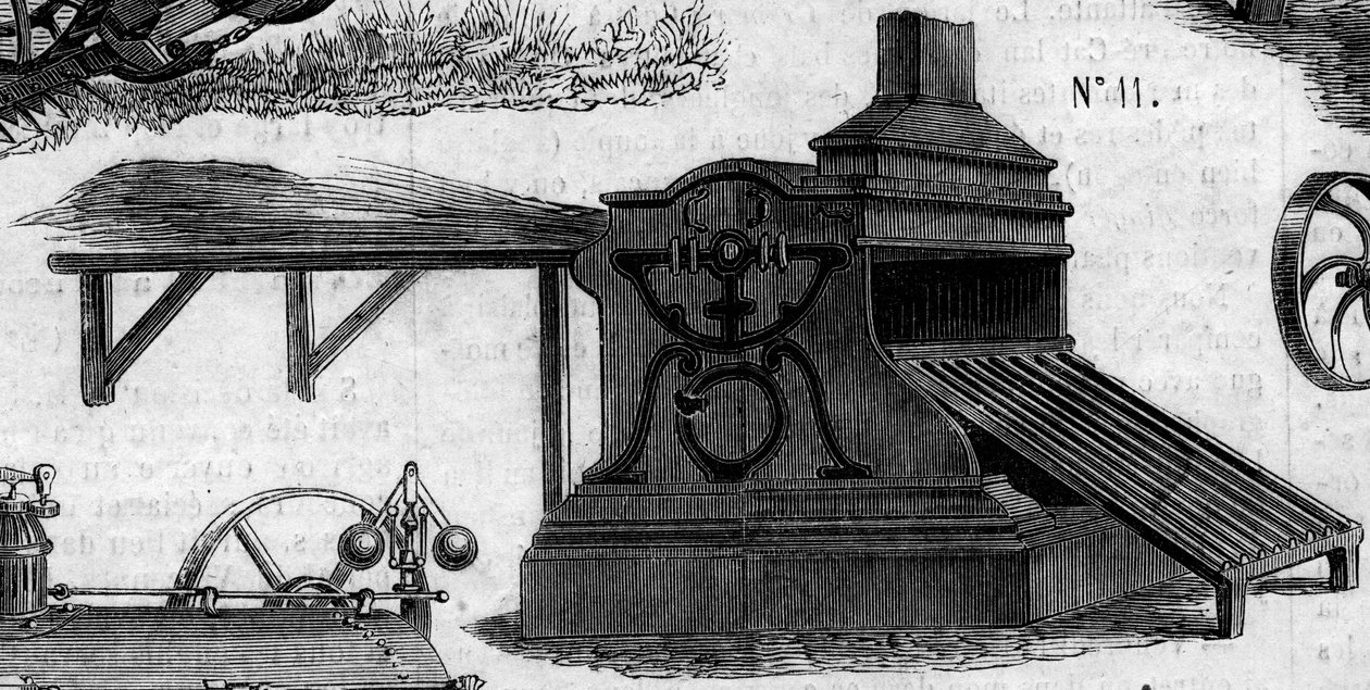 農業機械：1860年のパリ農業競技会で発表された脱穀機。1860年7月7日付の "Le Monde Illustré "169号に掲載された図版。 作： フランス語学校