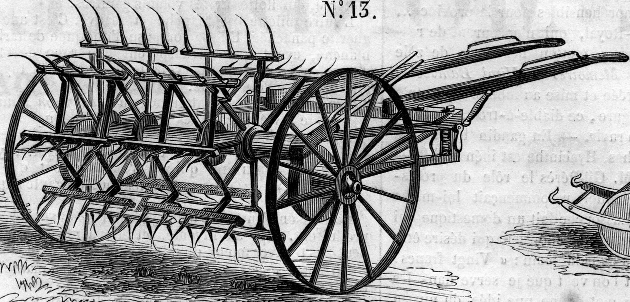 農業機械：1860年のパリ農業競技会で発表された英国製ダブルアクションテダー。1860年7月28日付 "Le Monde Illustré "172号に掲載された図版。 作： フランス語学校