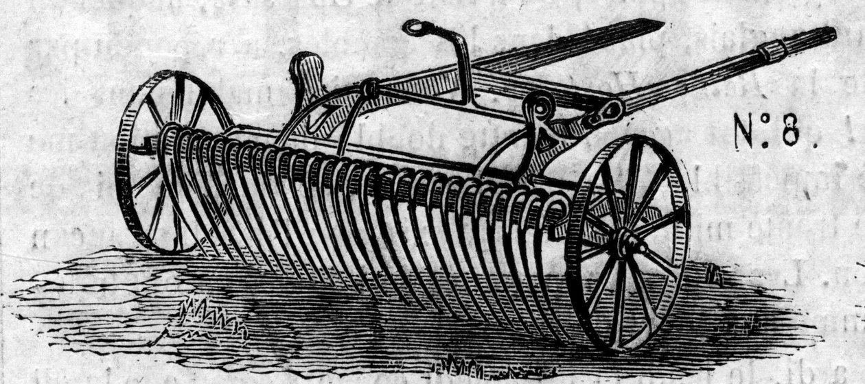 農業機械：1860年のパリ農業競技会で発表された英国製ホースレーキ。1860年7月7日付の "Le Monde Illustré "169号に掲載された図版。 作： フランス語学校