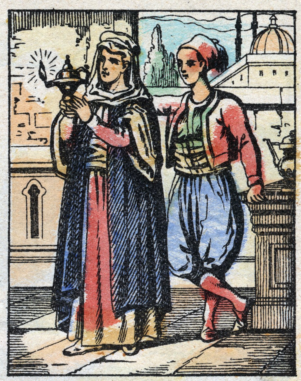 アラジンが魔法のランプを身につけて母に渡す。千夜一夜物語「アラジン