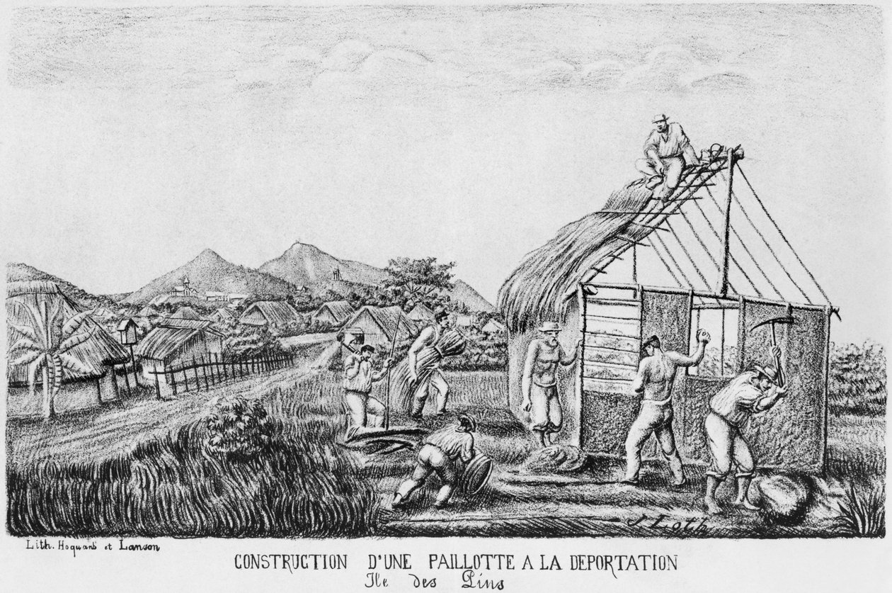 パインズ島のアルバム、強制送還者による麦わら小屋の建設、1878〜79年 作： フランス語学校