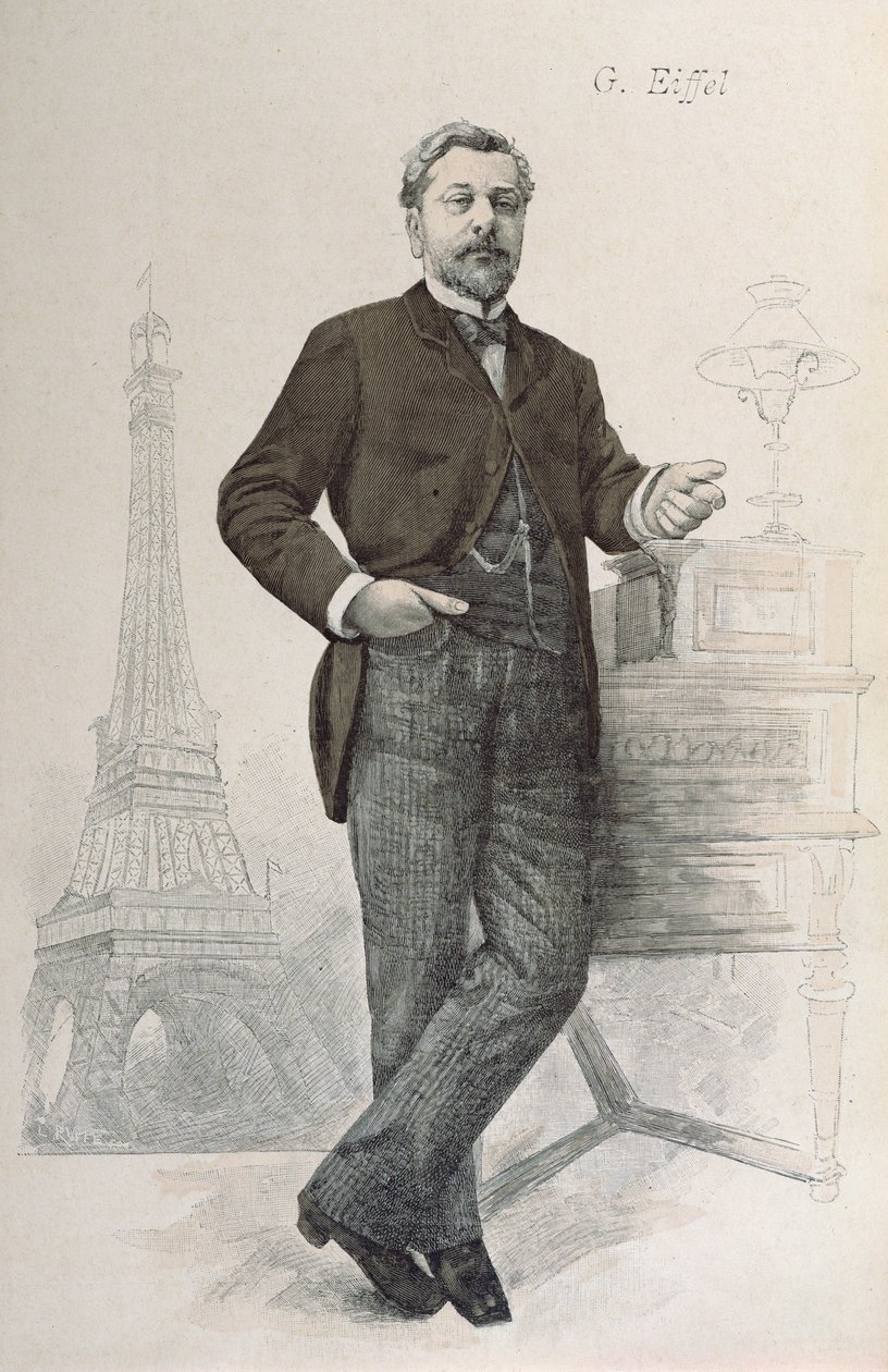 アレクサンドルギュスターヴエッフェルが机でポーズをとるエッフェル塔の絵で、1888年のラレヴューイラストレーターのイラスト 作： フランス語学校