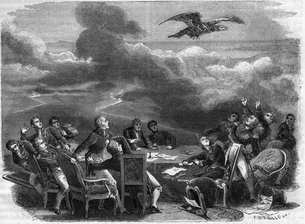 1815年のウィーン会議終了の寓話 - ナポレオンの上陸を知った外交官たちの異常な動揺 - アドルフ・ティエールの「領事の歴史に続く帝国の歴史」に掲載 - 1879年 - 個人蔵 作： フランス語学校