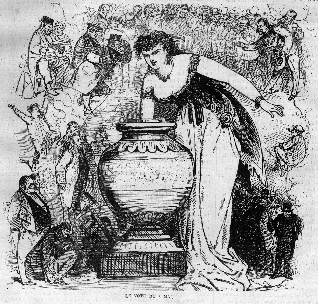 1870年5月8日に行われた第二帝政期に行われた最後の国民投票のアレゴリー。1870年に描かれた版画 作： フランス語学校