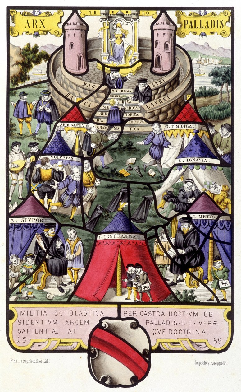 大学のアレゴリー。Ferdinand de Lasteyrieの「Histoire de la peinture sur verre」に掲載されている中世のステンドグラスのFac simile 作： フランス語学校