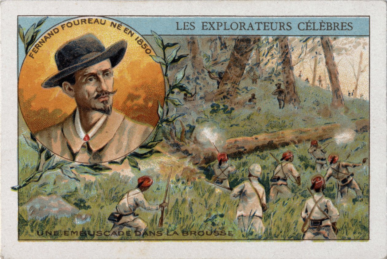 フランスの探検家Frenand Fourreau(1850 - 1914)が遠征中のアフリカのブッシュでの待ち伏せ。19世紀のクロモリトグラフ。 作： フランス語学校