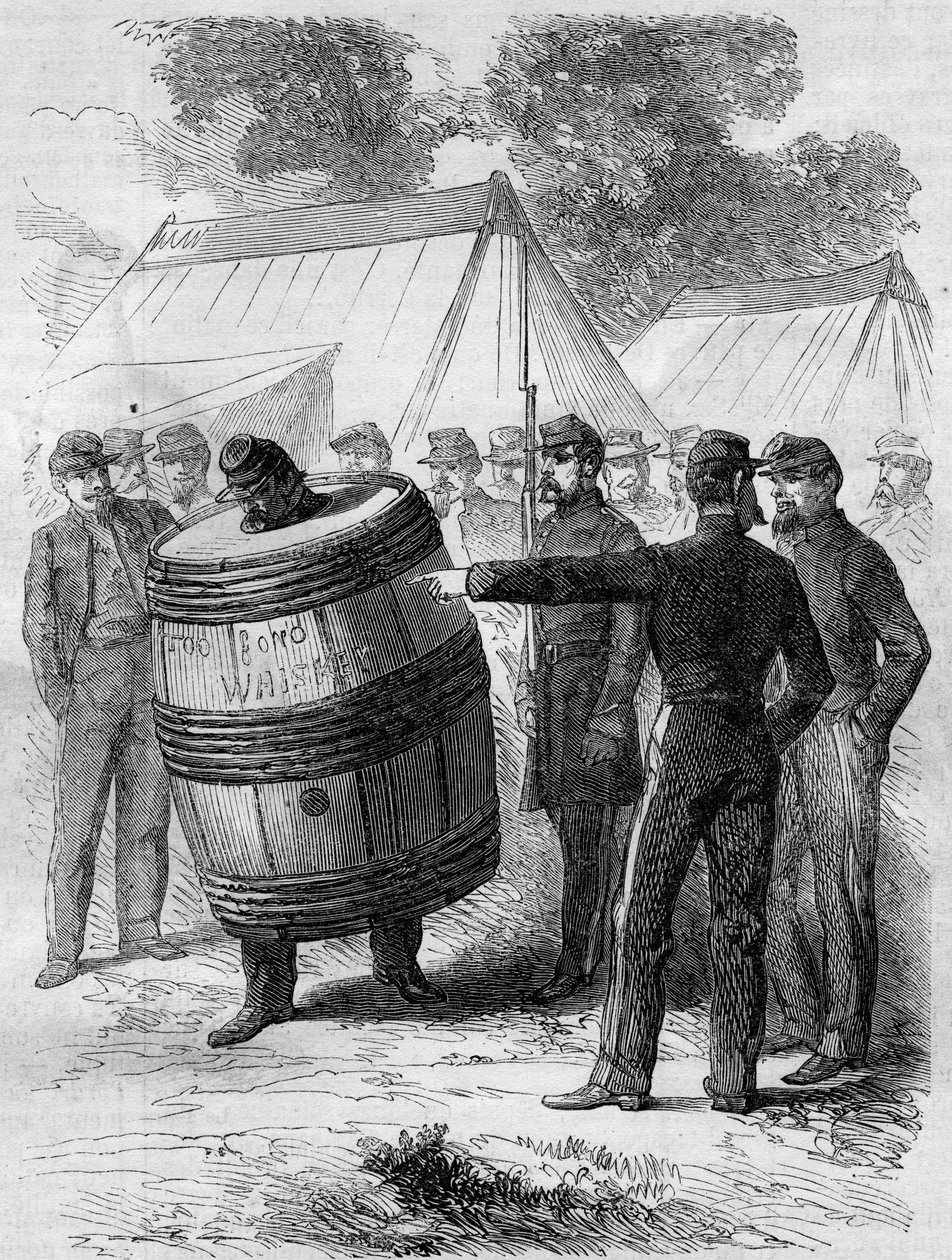 アメリカ南北戦争（1861-1865）：コンフェデレーション軍の酔っぱらい兵士の処罰。他の兵士の愉快な視線を浴びながら、バレルピアスをつけてキャンプ内を歩いている。1862年7月26日の "Le Monde Illustré "276号に掲載されたエングレーヴィング。 作： フランス語学校