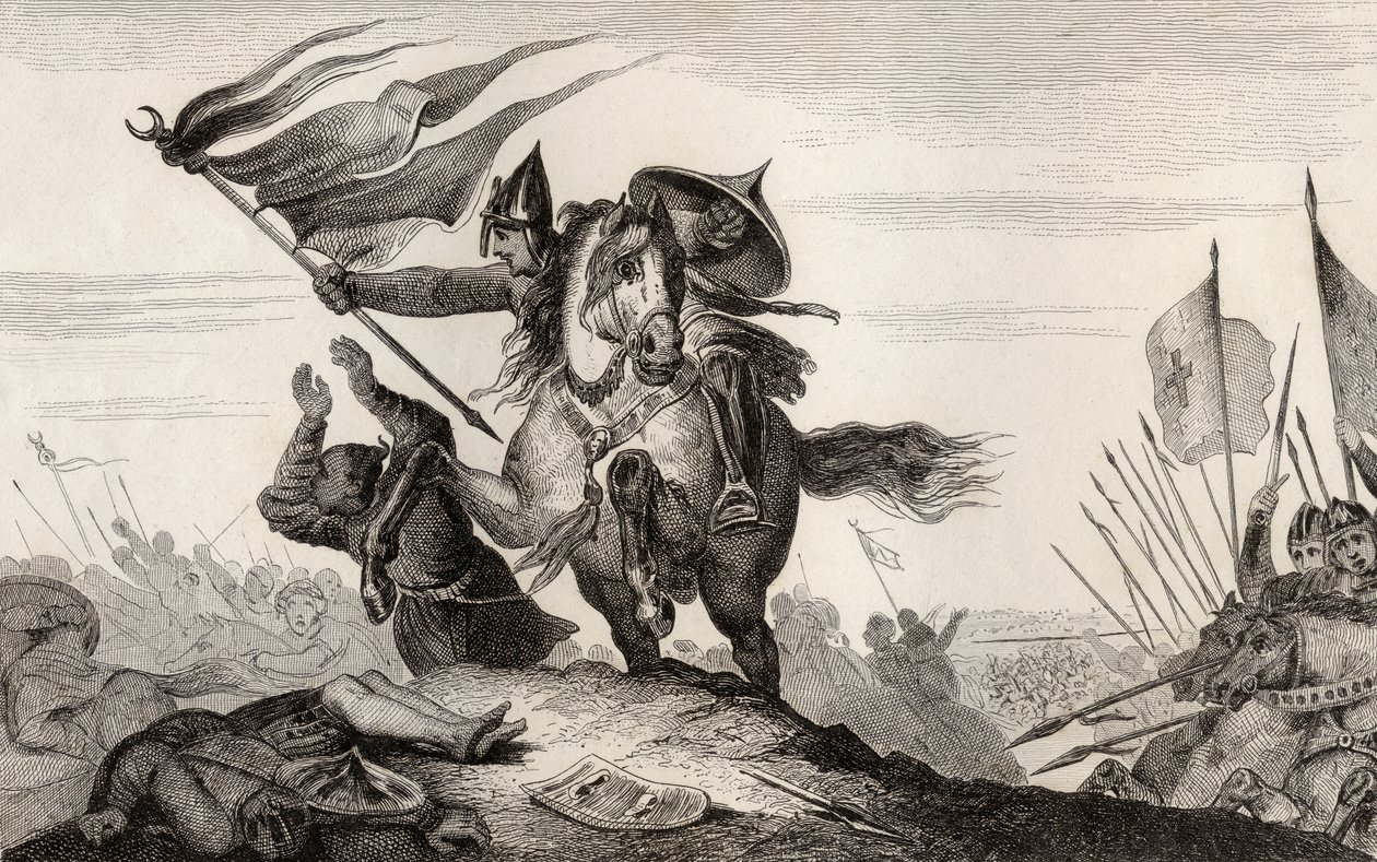 1840年頃に出版されたコラールの「フランス史」より、戦闘中の8世紀フランスの騎士（エングレーヴィング） 作： フランス語学校