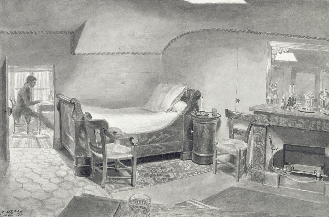 パリのアーティストの屋根裏部屋のインテリア、1830年頃（紙にペンとセピアのインクとセピアのトイレ） 作： フランス語学校