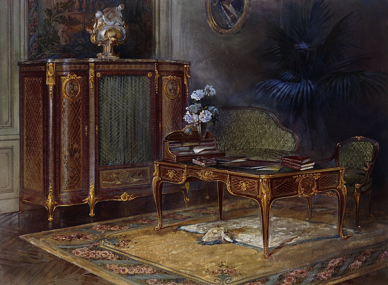Louis XVスタイルのOrmuluが取り付けられた寄木細工局PlatとBibliotheque43.4cmを備えたインテリア。 作： フランス語学校