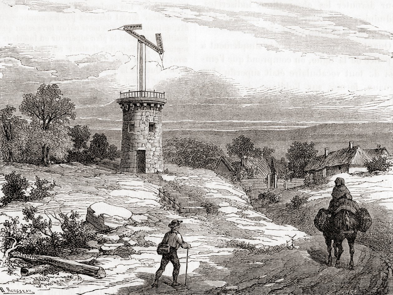 18世紀の空中電信柱（1870年頃に出版された「科学の傑作」より）（彫刻 作： フランス語学校