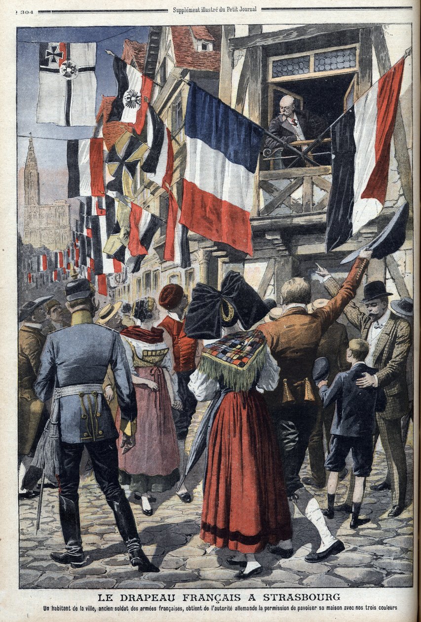ドイツ占領下のストラスブールで、フランス国旗の掲揚を許されたフランス人老兵 - "Le Petit Journal" 1908年9月20日 (刻印) 作： フランス語学校