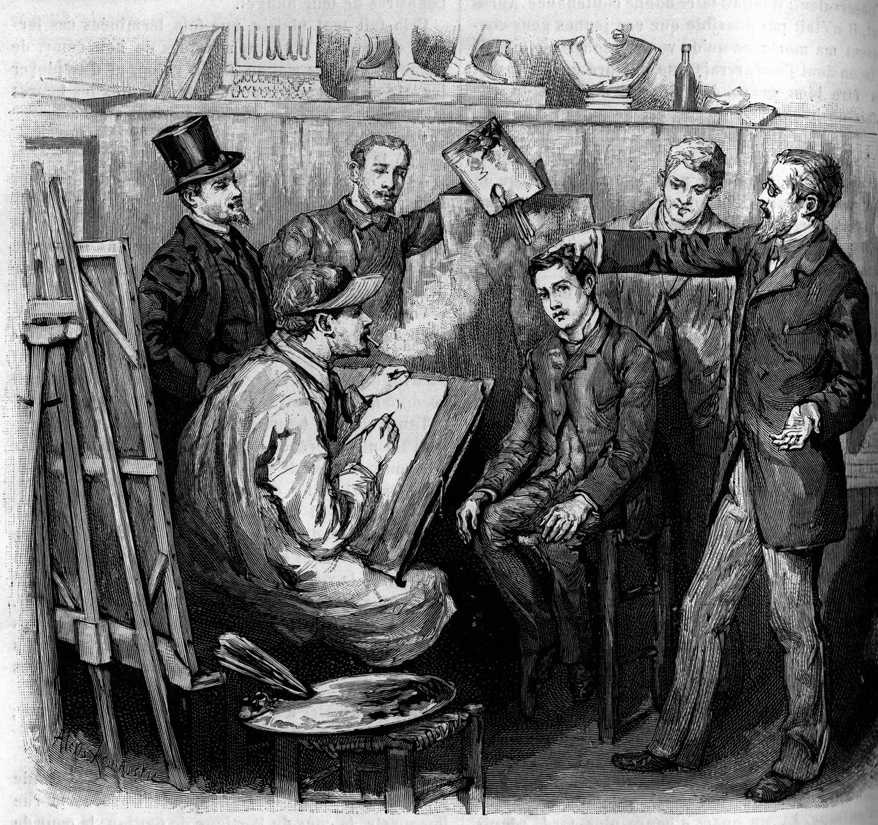パリの美術学校の候補者に対する骨相学者（phhrenology）の分析。輝かしい雑誌 "La jeunesse "に掲載されたエングレーヴィング 作： フランス語学校