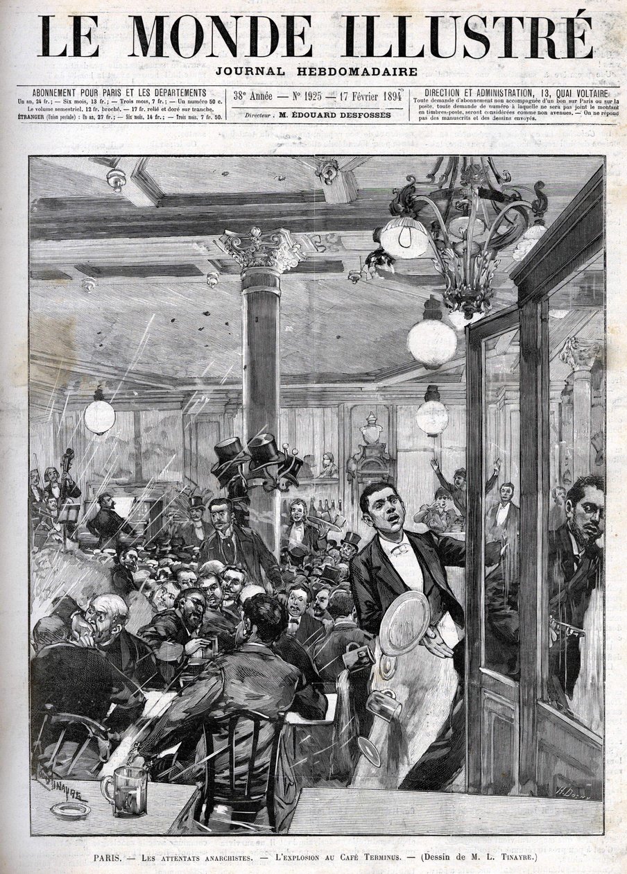 1894年2月、パリで起きたアナキストの襲撃事件。テルミナス・カフェでの爆発事件。「2月17日の「イラストレーション・ワールド 作： フランス語学校