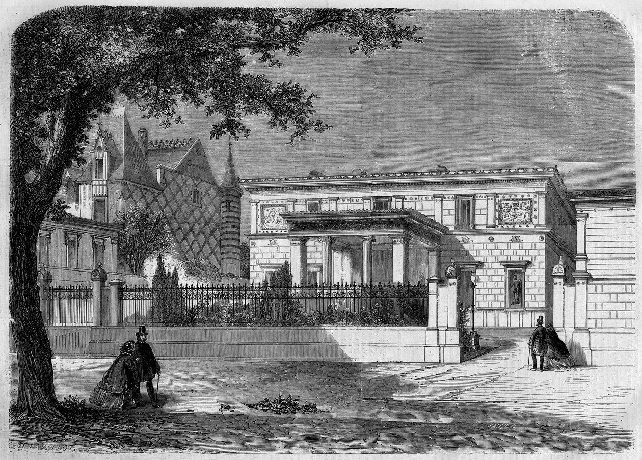古代建築：建築家アルフレッド・ノルマンが建てた「プリンス・ナポレオン」（1822-1891）のポンペイ家のファサードの様子。パリ、モンテーニュ通り 作： フランス語学校