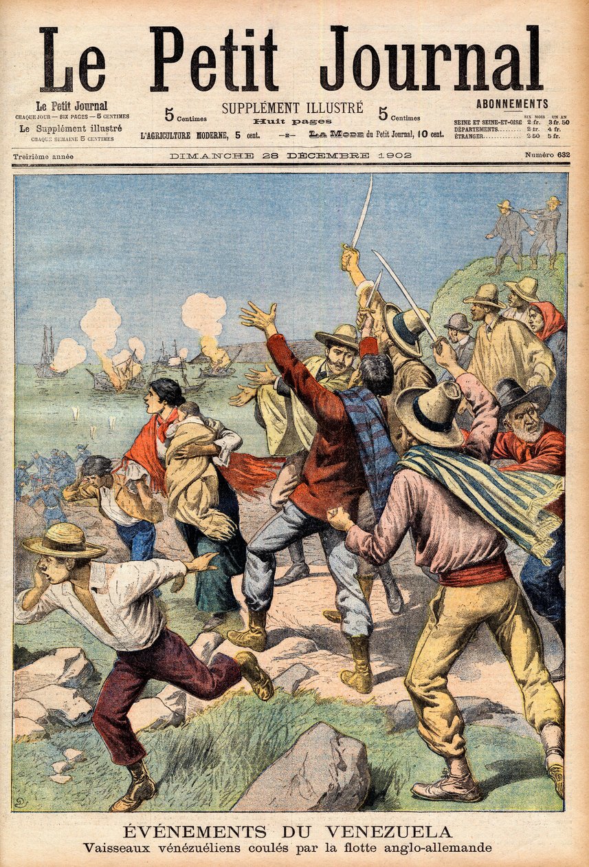 1902年から1903年にかけてのベネズエラへの英独の介入 - 1902年12月28日の「Le Petit Journal」の最初のページ：ベネズエラでの出来事。英独の艦隊に撃沈されたベネズエラの船(エングレービング) 作： フランス語学校