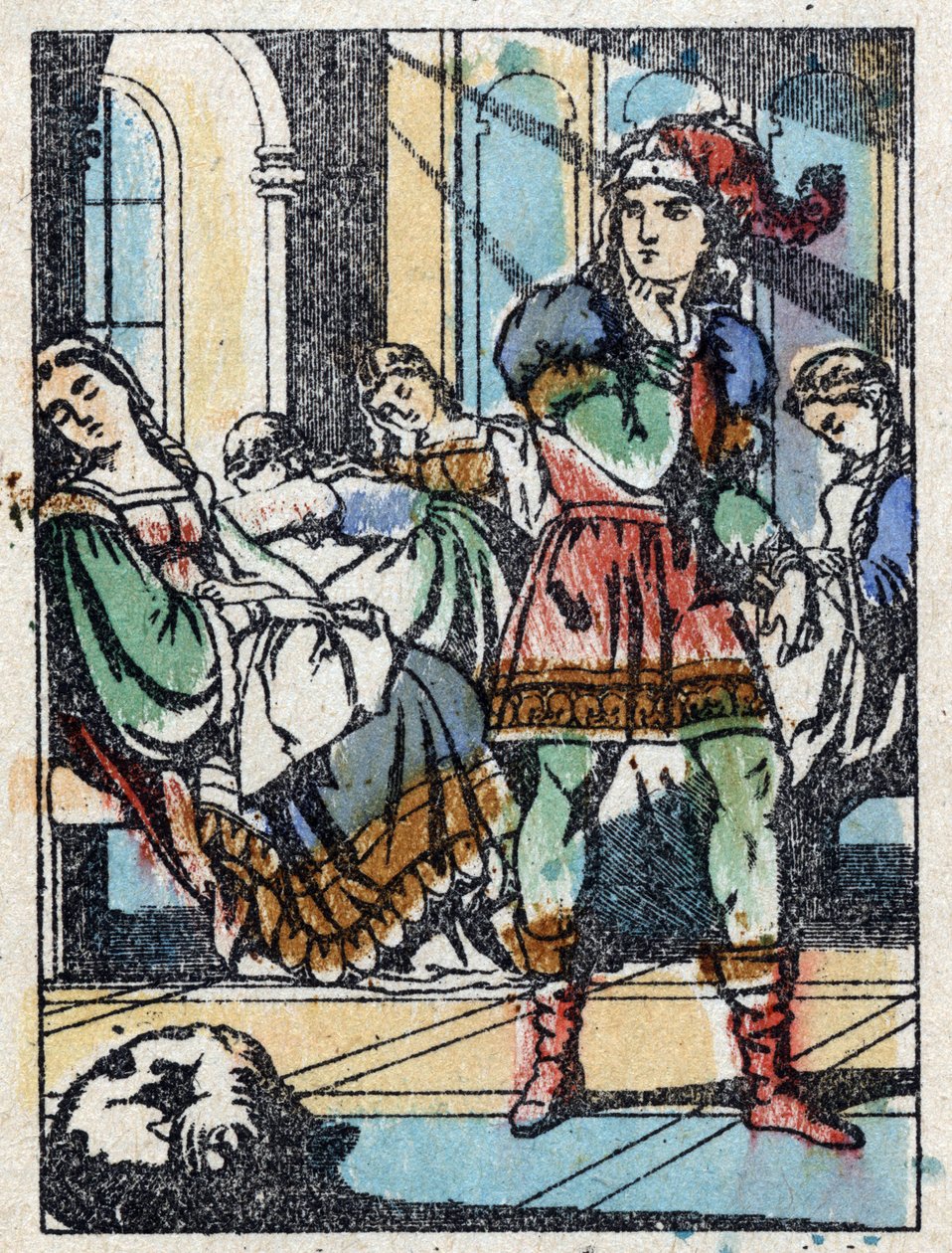 フランスの作家、シャルル・ペロー（1628-1703）の物語「休眠中の森の美女」の匿名イラスト。イメージング・ペラン（エピナル）の木版画。19世紀後半の作品。 作： フランス語学校
