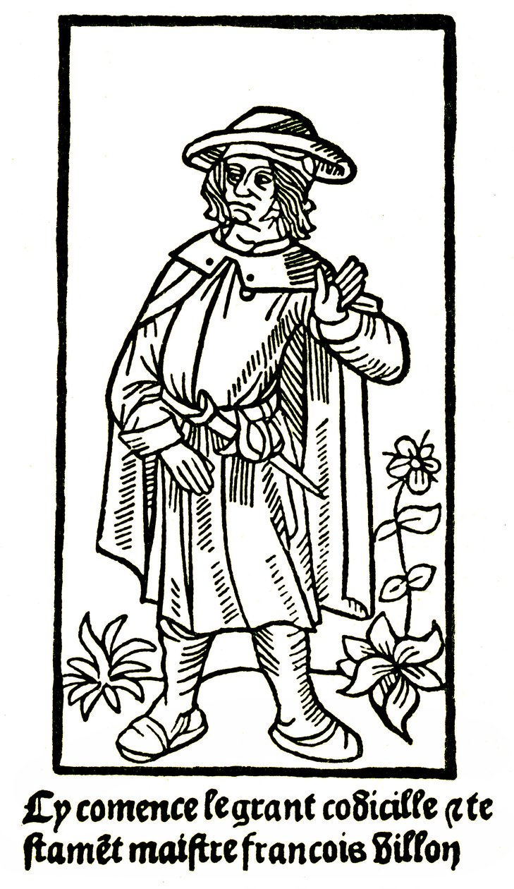 大いなる遺言」における詩人フランソワ・ヴィヨンのアポクリファルな肖像画 - "Cy comence le grant codicille & testamet maistre Francois Villon""(ここに大聖遺言が始まる」P Levet 1489年版（木版画 作： フランス語学校