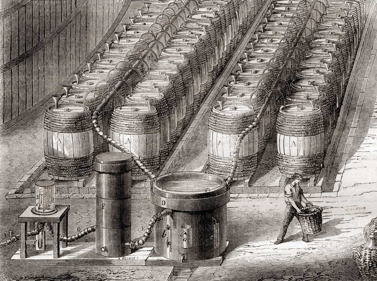 1870年頃に出版された「Les Merveilles de la Science」より、鉄に硫酸を作用させて水素ガスを調製し、風船に充填するための装置（リトグラフ）。 作： フランス語学校