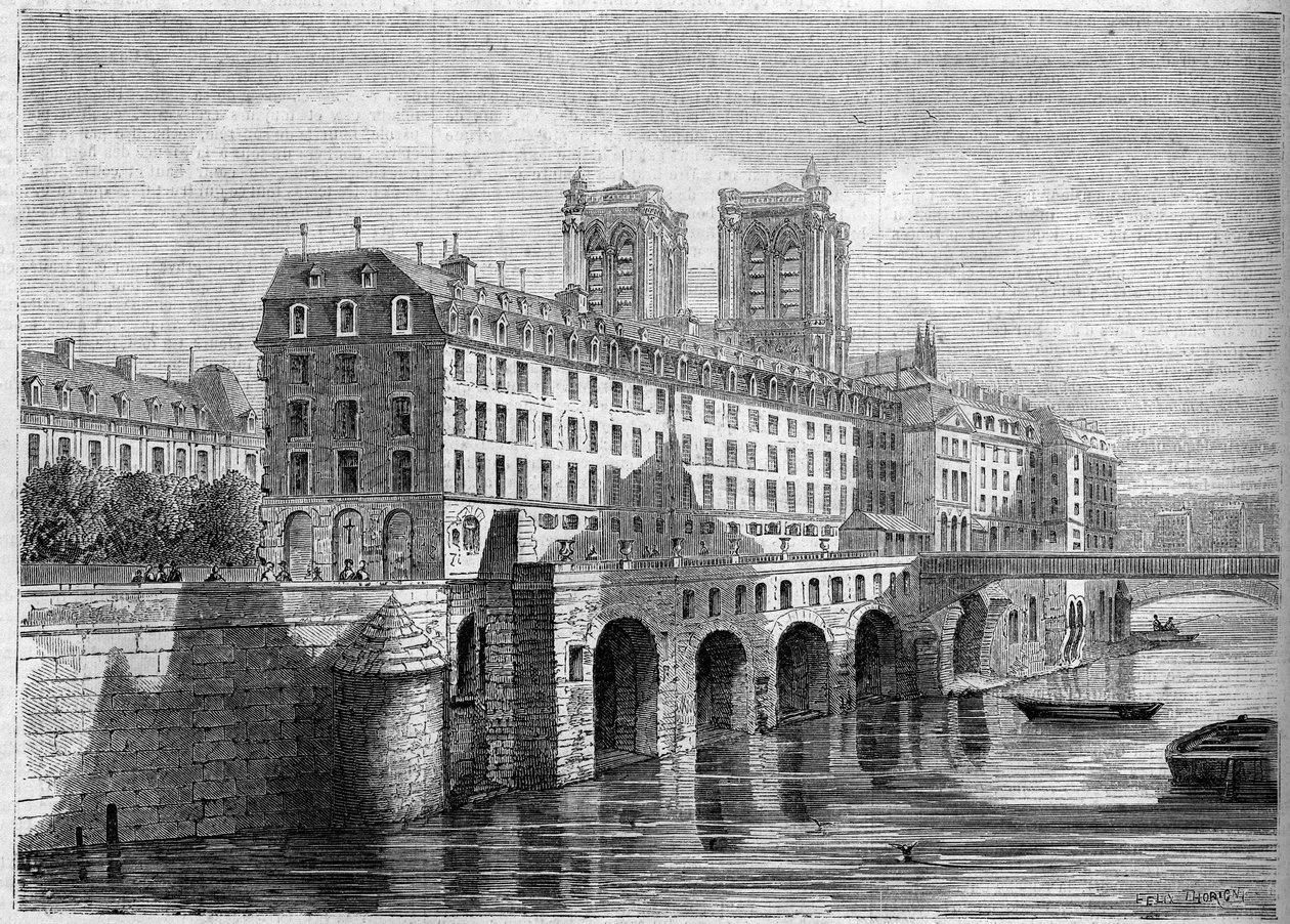 建築：パリのシテ島にあるホテル・デューの取り壊し前の外観。1859年にトゥルネル広場から撮影されたもの。1859年11月19日付「Le Monde Illustré」136号に掲載されたエングレーヴィング。 作： フランス語学校