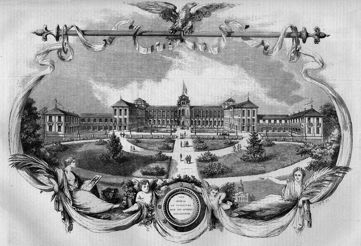 建築：1857年に開設された療養者のための「ヴァンセンヌの帝国精神病院」として知られる病院のファサード。現在はサン・モーリス（94）の「サン・モーリス国立病院」と呼ばれている。1年8月29日付「Le Monde Illustré」第20号に掲載された図版 作： フランス語学校