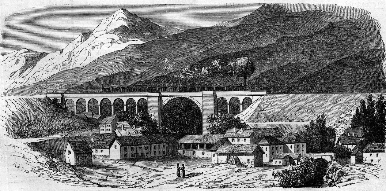 建築：リヨンとジュネーヴを結ぶ鉄道路線のベルガルド高架橋（ローヌ・アルプ）の風景。1858.1858年3月20日付「Le Monde Illustré」49号に掲載された版画。 作： フランス語学校