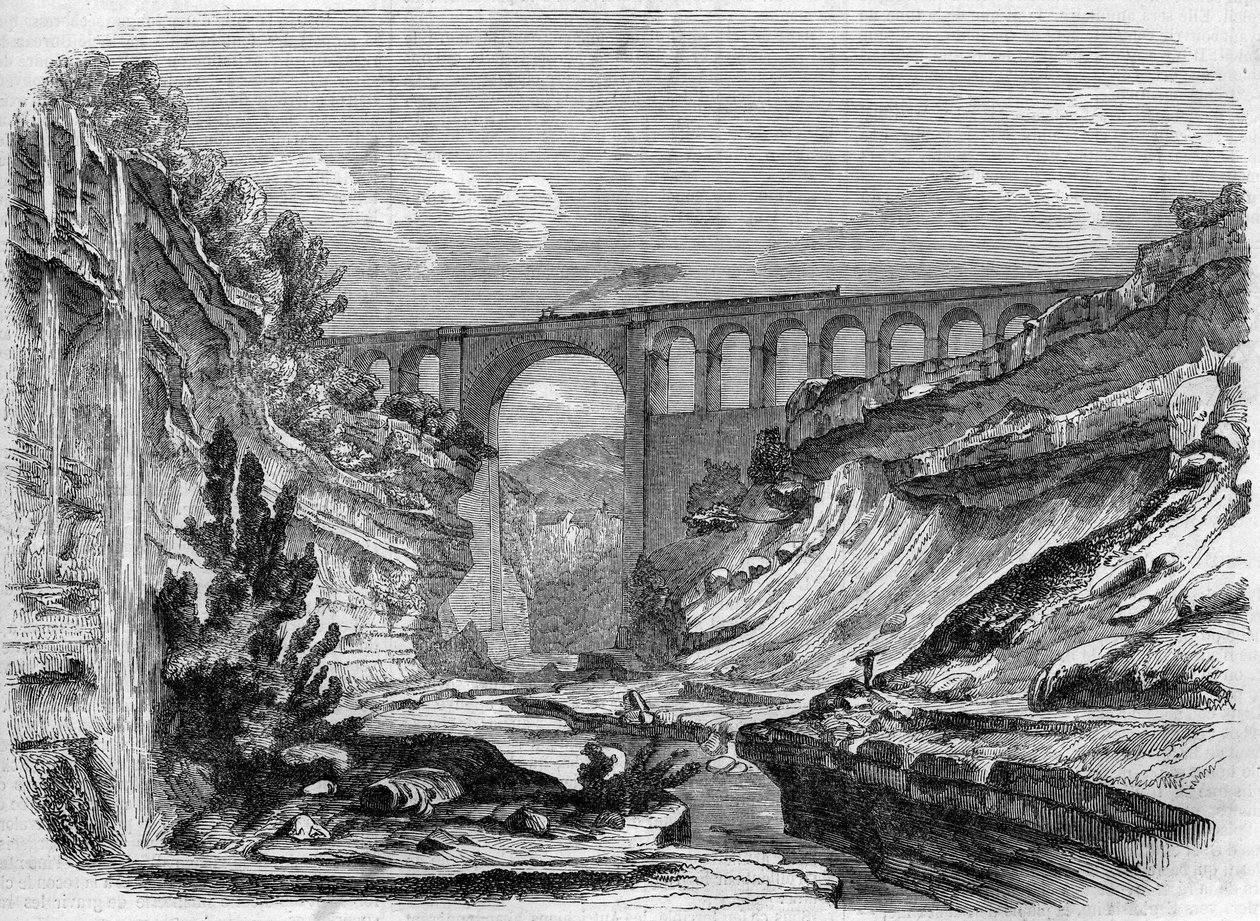 建築：リヨンとジュネーヴを結ぶ鉄道路線のヴァルセリン高架橋（ローヌ・アルプ）の風景。1858.1858年3月13日付「Le Monde Illustré」48号に掲載された版画。 作： フランス語学校