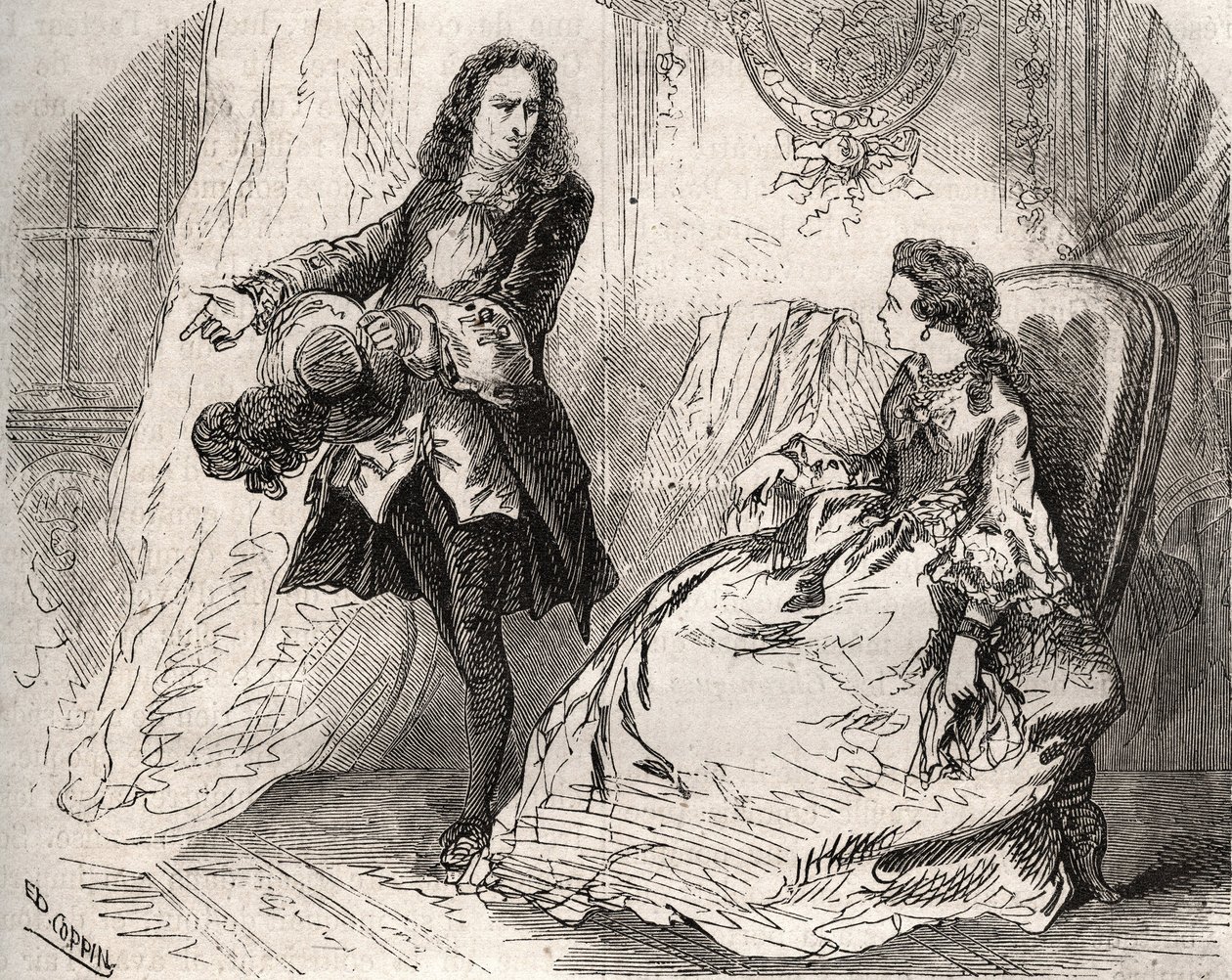 Jean Baptiste Poquelin dit Moliere（1622-1673）の妻Armande Bejart（1641-1700）と恋人のGuiche伯爵。 作： フランス語学校