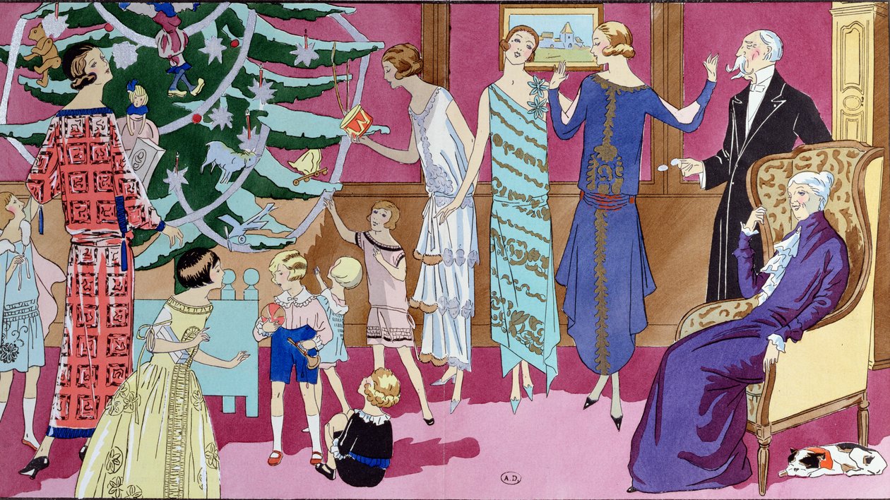 1923年12月、Art Gout Beaute誌のファッションプレート、クリスマスツリーの周り 作： フランス語学校