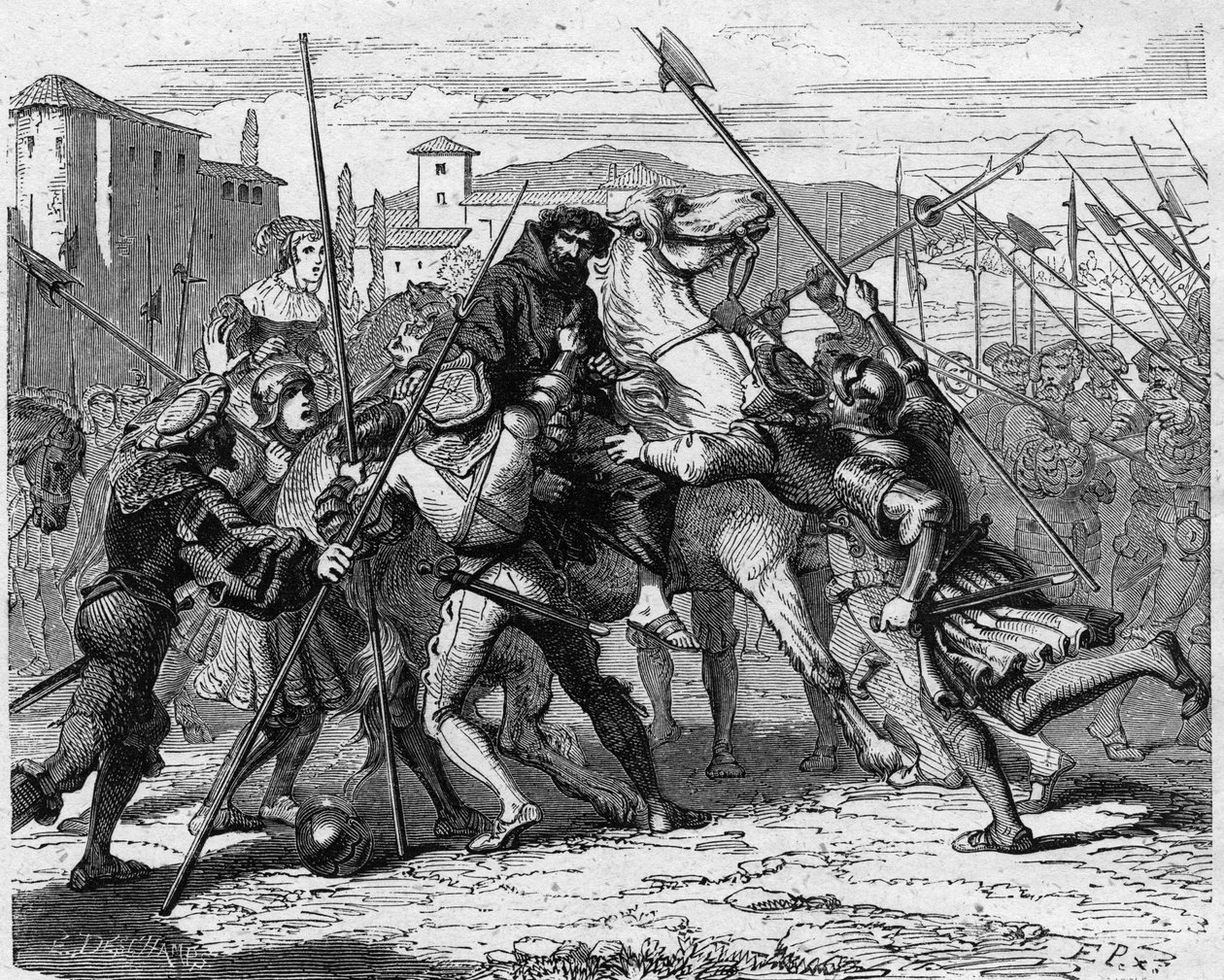 Verhaftung von Ludovico Maria Sforza genannt der Mohr (Ludovico Maria Sforza detto il Moro) (1452-1508) in Mailand im Jahr 1500, verraten von Schweizer Söldnern, fiel er in die Hände der französischen Armee. Gravur in "Histoire De France En Cent Tableaux"  von French School