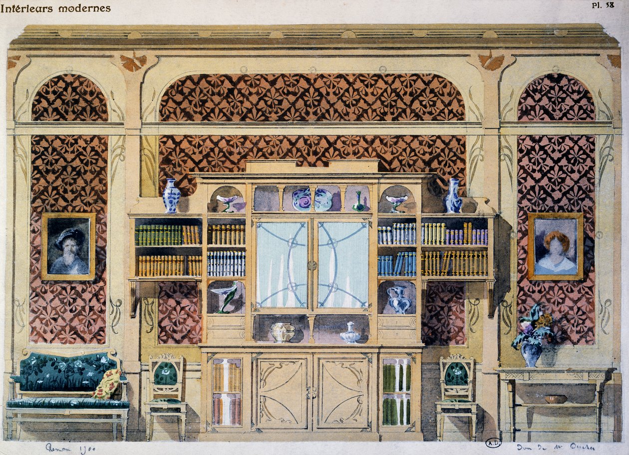 アールヌーボースタイルの図書館、雑誌「Interieurs Modernes（モダンインテリア）」のイラスト 作： フランス語学校