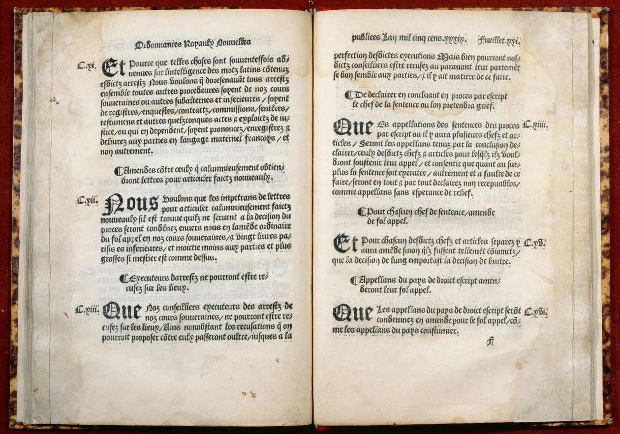 1539年のVillers-Cotterets条例の106、107、108条（印刷された紙） 作： フランス語学校