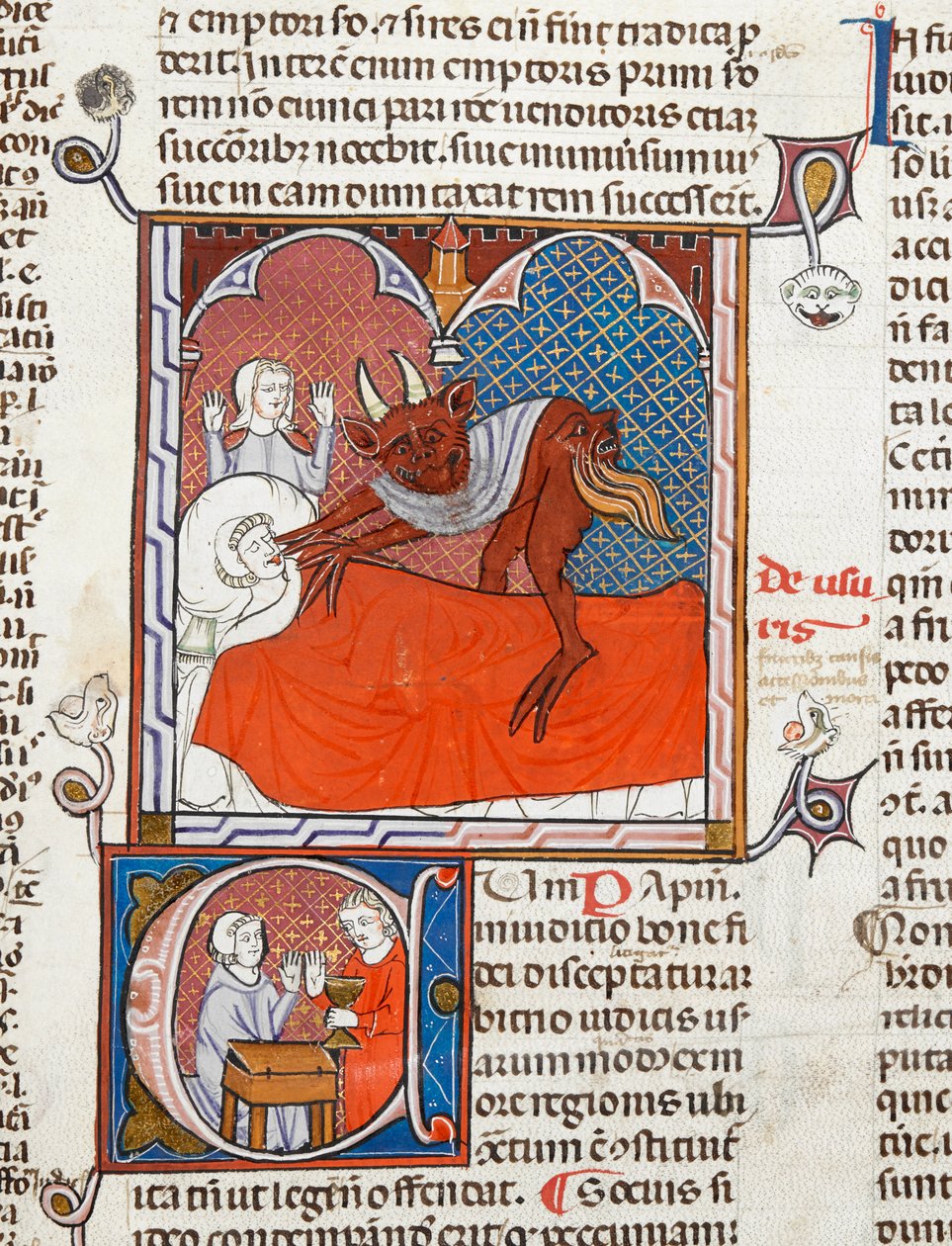 Arundel 484 f.245死んだ人のベッドの上の悪魔または悪魔、ジャスティニアヌス作、光沢のあるオルディナリアのあるダイジェストム・ヴェトゥスのイラスト、c.1300-10（ベラム） 作： フランス語学校