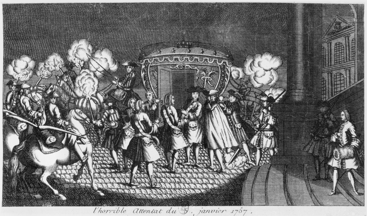 1757年1月5日のロバートフランソワダミアンによるルイ15世（1710-74）の暗殺未遂 作： フランス語学校