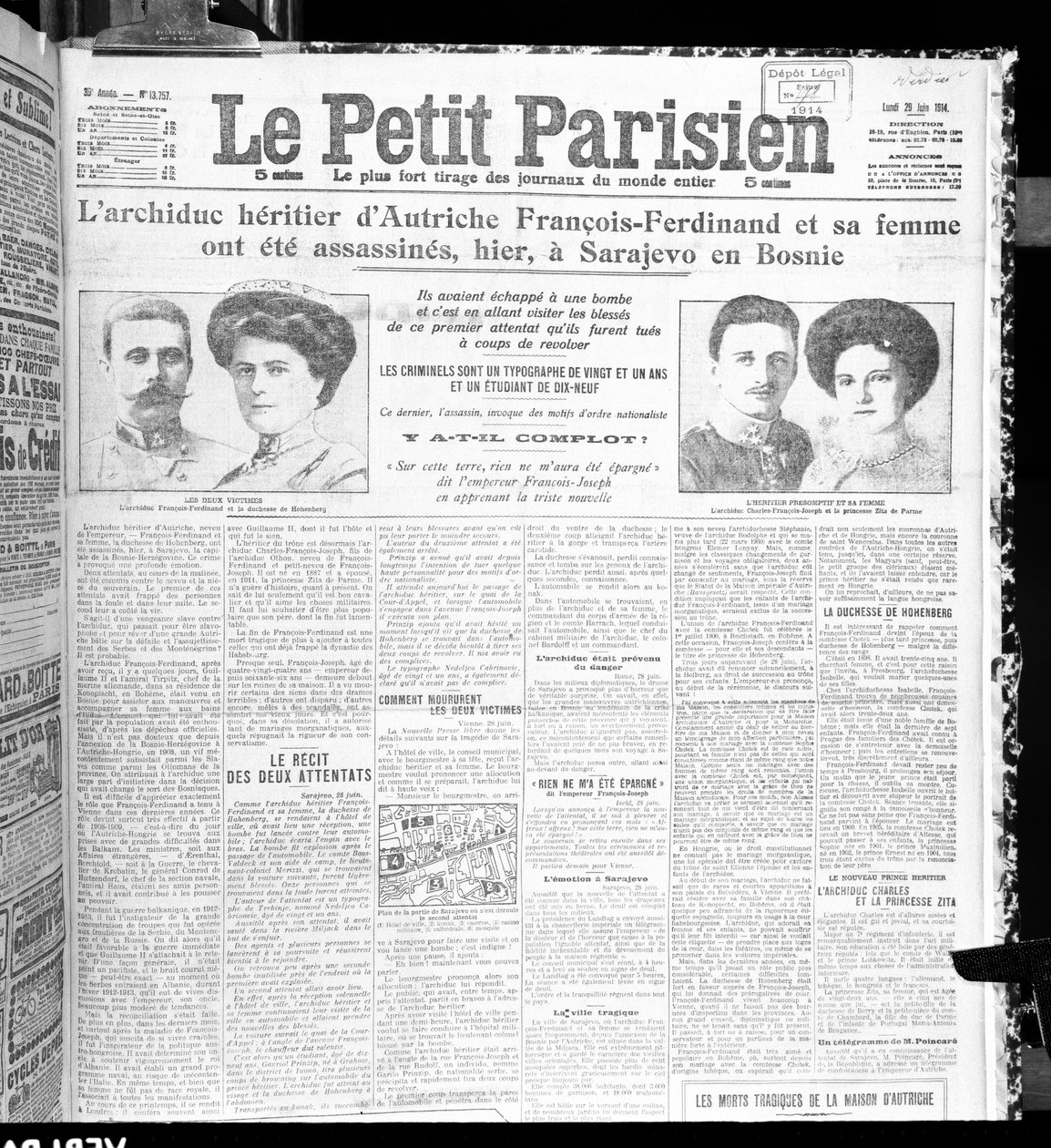 1914年6月29日、ルプティパリジャンからのオーストリア大公フランツフェルディナンド（1863-1914）とその妻の暗殺 作： フランス語学校