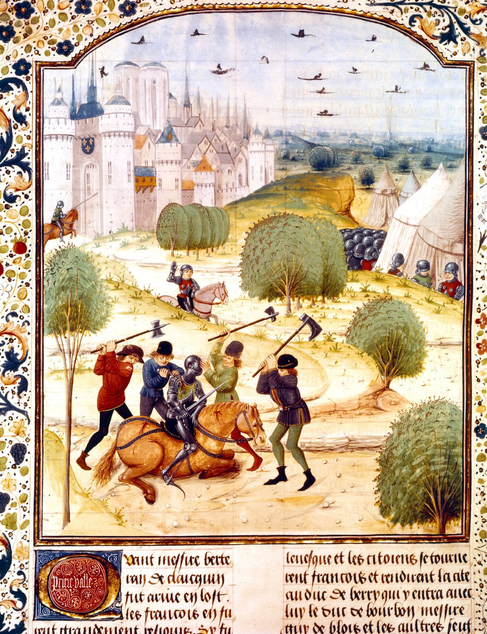 1437 年 (100 年戦争) のパリ郊外でのイギリス騎士の暗殺 ジャン・ド・ワヴラン著のイングランド年代記からのイルミネーション 作： フランス語学校
