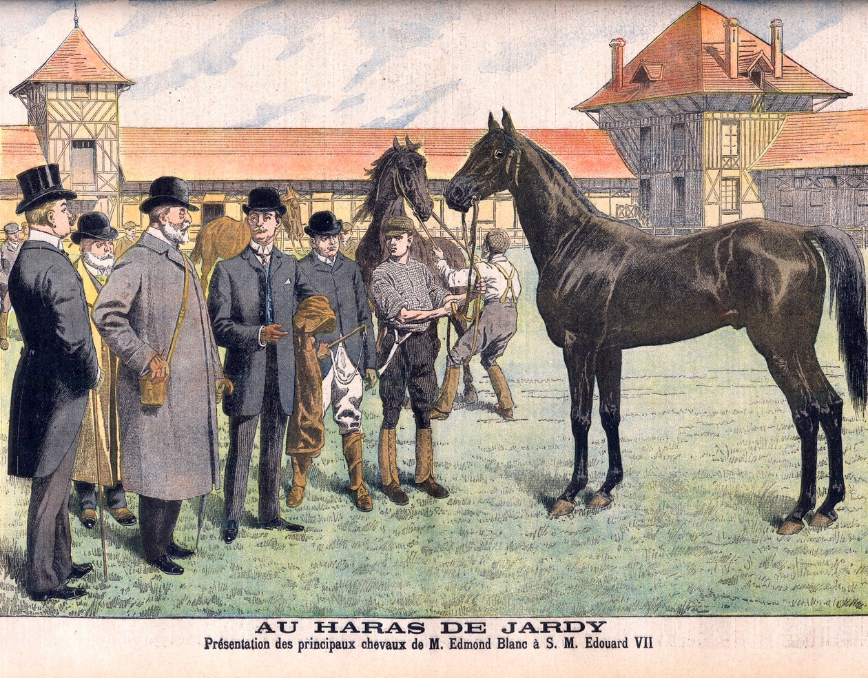 パリ郊外のJardyスタッドファーム（Marnes-la-Coquette）にて。国王エドワード7世に最高の馬を見せるエドモンド・ブラン繁殖家。ジャルディ種馬場。エドモンド・ブラン氏の主な馬をエドワード7世（1841～1910年）に贈呈。Le petit Journalのイラスト 作： フランス語学校