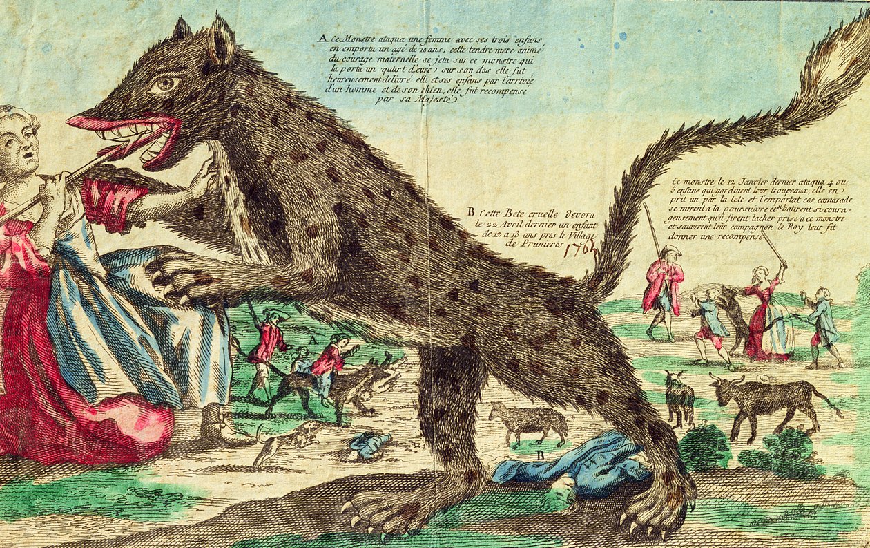 1764年のゲヴォーダンの獣による攻撃（カラー彫刻） 作： フランス語学校