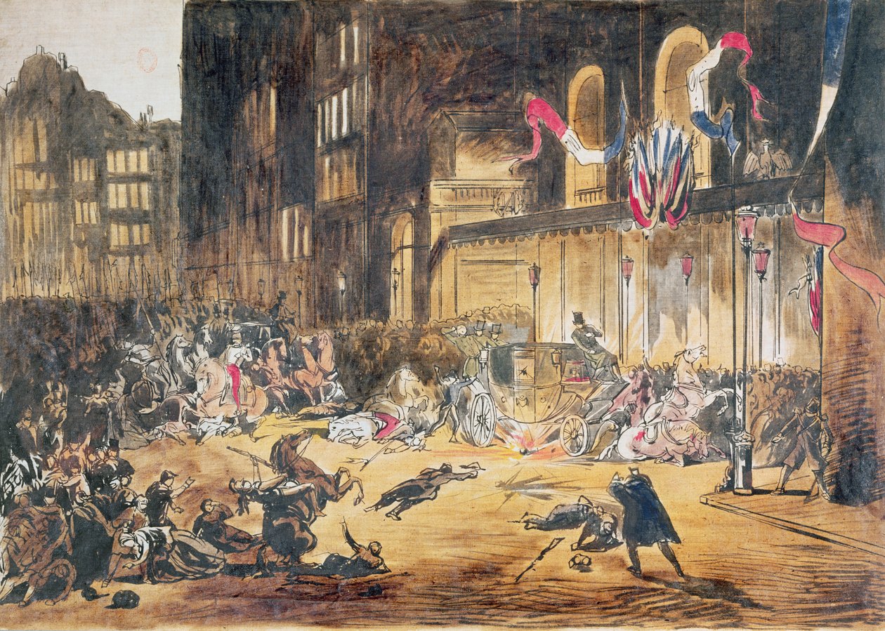 1858年1月4日、パリでフェリーチェオルシーニと3人の共犯者によるナポレオン3世と彼の妻ユージニーと3人の共犯者の生涯の試み（カラー彫刻） 作： フランス語学校