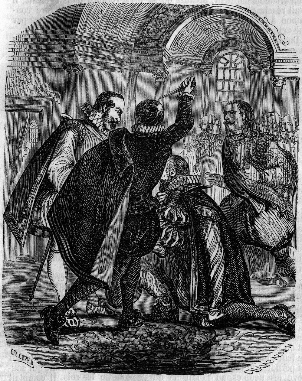 1594年12月27日、フランス王アンリ4世に対するジャン・シャステル(Jean Chatel)(1575-1594)の暗殺未遂事件。19世紀のエングレーヴィング。 作： フランス語学校