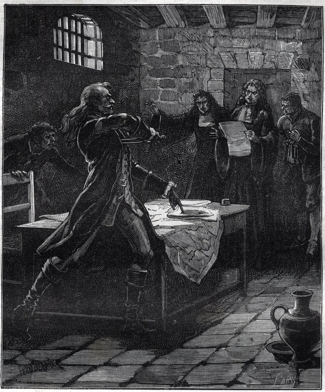 1766年にパリ議会で反逆罪による死刑判決が発表された際の、アイルランド出身のフランス人将軍トマス・アルトゥール侯爵（バロン・ド・トレンダル、ラリー伯爵）の自殺未遂事件。19世紀のエングレーヴィング。 作： フランス語学校