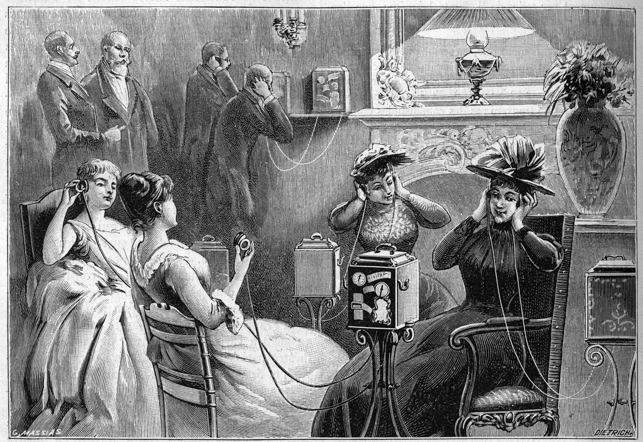 1892年、パリのグランドホテルのラウンジで行われたテアトロフォンのオーディション（家庭でのシアターオーディション）。 作： フランス語学校