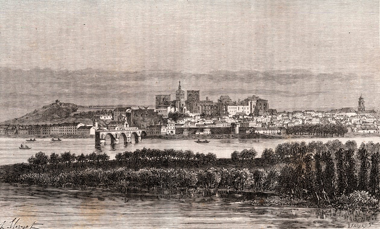 ヴォークリューズ地方のアヴィニョン - V.A.マルト・ブラウンの「La France illustree: Geography, history, administration statistique」に掲載されている版画。1884 作： フランス語学校