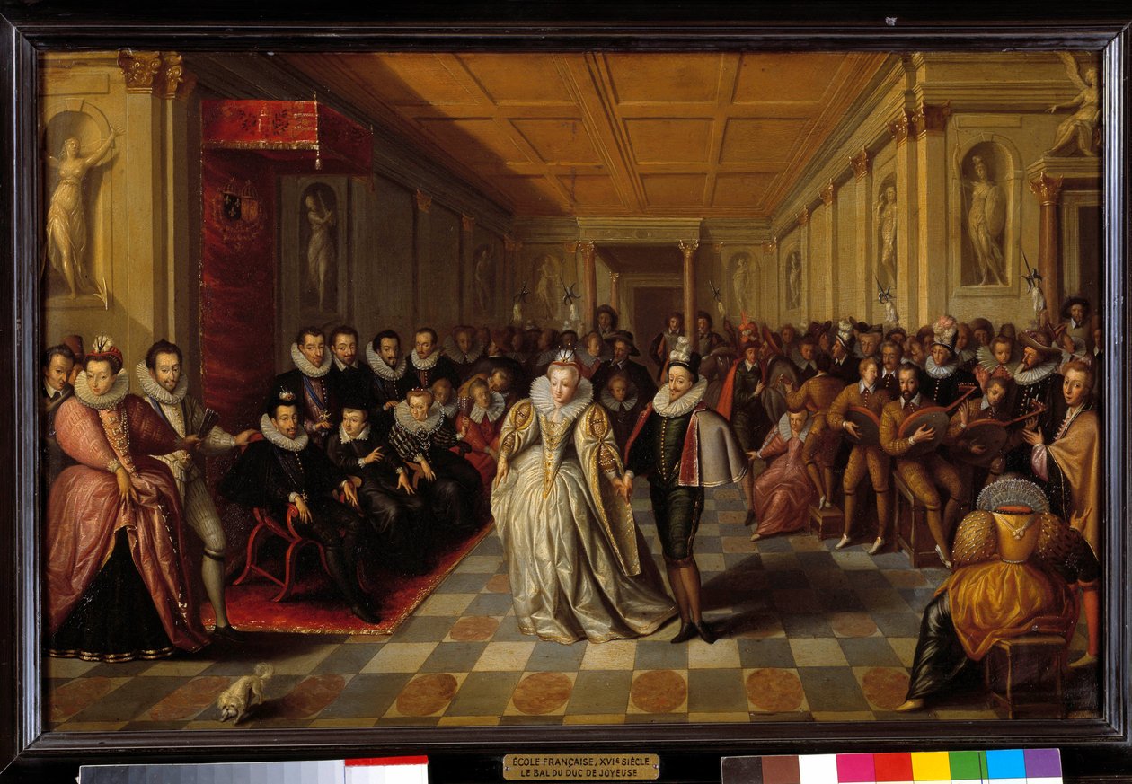 Ball im Louvre in Anwesenheit von Heinrich III. und Katharina de Medici zur Hochzeit von Anne, Herzog von Joyeuse, und Margarete von Lothringen Vaudemont am 24. September 1581 von French School