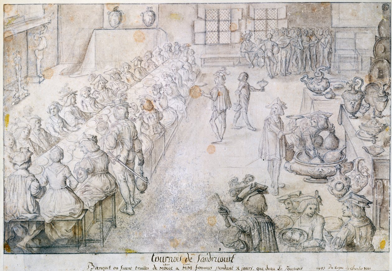 1493年のサンドリコートトーナメントでの宴会（紙に茶色のインクと鉛筆） 作： フランス語学校