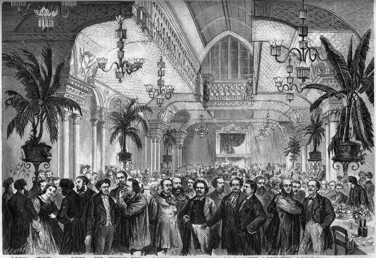 1864年2月6日、パリのレストラン・デュ・パッサージュ・デ・プランスのサロンで行われた新聞「ル・フィガロ」の宴会には、ジャーナリスト、作家、芸術家などが参加しました。出席者（左から）：Nestor Roqueplan、Mme Ugalde、de Montaut、Peter