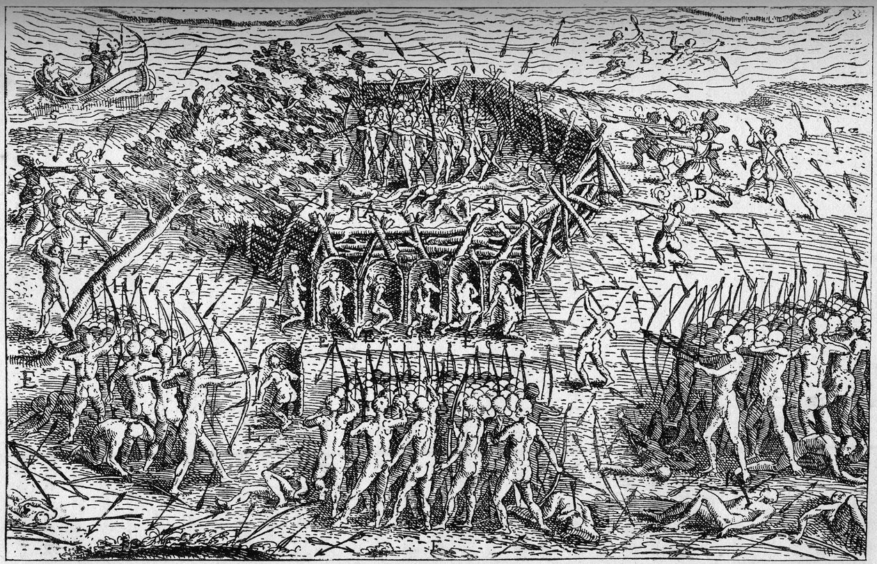 サミュエル・ド・シャンプラン（1567-1635年頃）のフランス軍とイロコイ族との戦い。カナダ、17世紀初頭。"La Marine et les colonies: commerce "の中のエングレーヴィング 作： フランス語学校