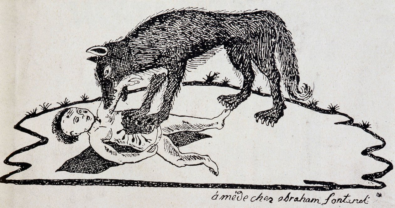 子供を引き裂く獣（ジェヴォーダンの獣）-メンデ語で出版された木版画（ピュイ＝ド＝ドーム文書館 作： フランス語学校